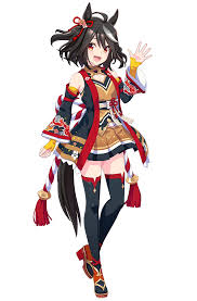 Artwork close-up Kitasan Black Uma Musume dengan kostum matsuri bernuansa hitam, emas, dan merah