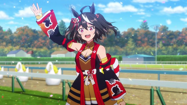 Screenshot anime Uma Musume Season 3 - Kitasan Black melambaikan tangan di lintasan balap