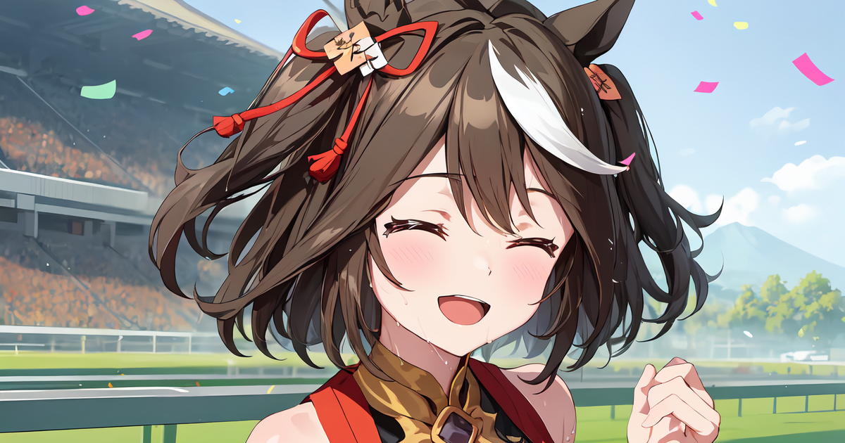 Artwork close-up Kitasan Black Uma Musume dengan kostum matsuri bernuansa hitam emas merah